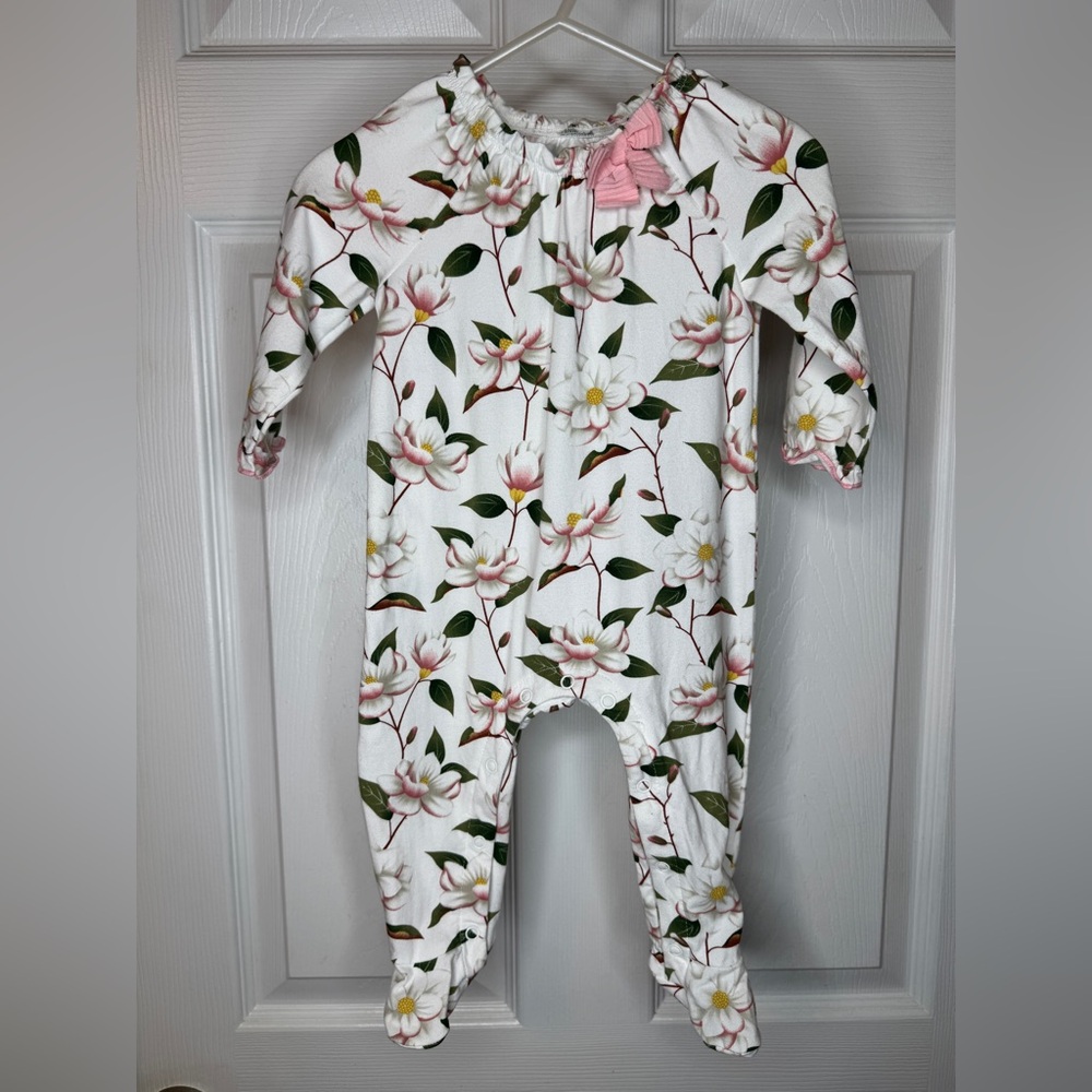NWOT Mud Pie Floral Print Kids Footie with Pink Bow